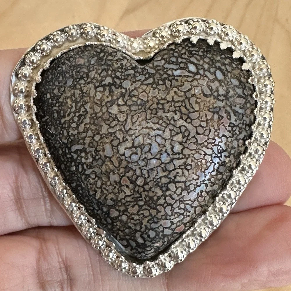 Artisan Heart Ring 8.75 Adjust Fossil Dino Gembone 925 Sterling‎ 27.8g USA Made
